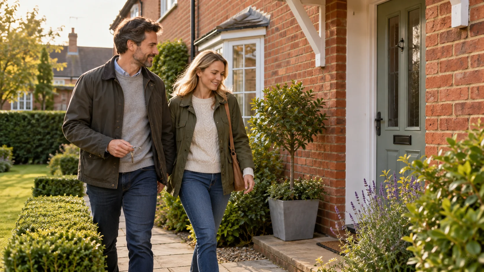 Illustrative adult couple returning with keys to a well-kept red-brick home