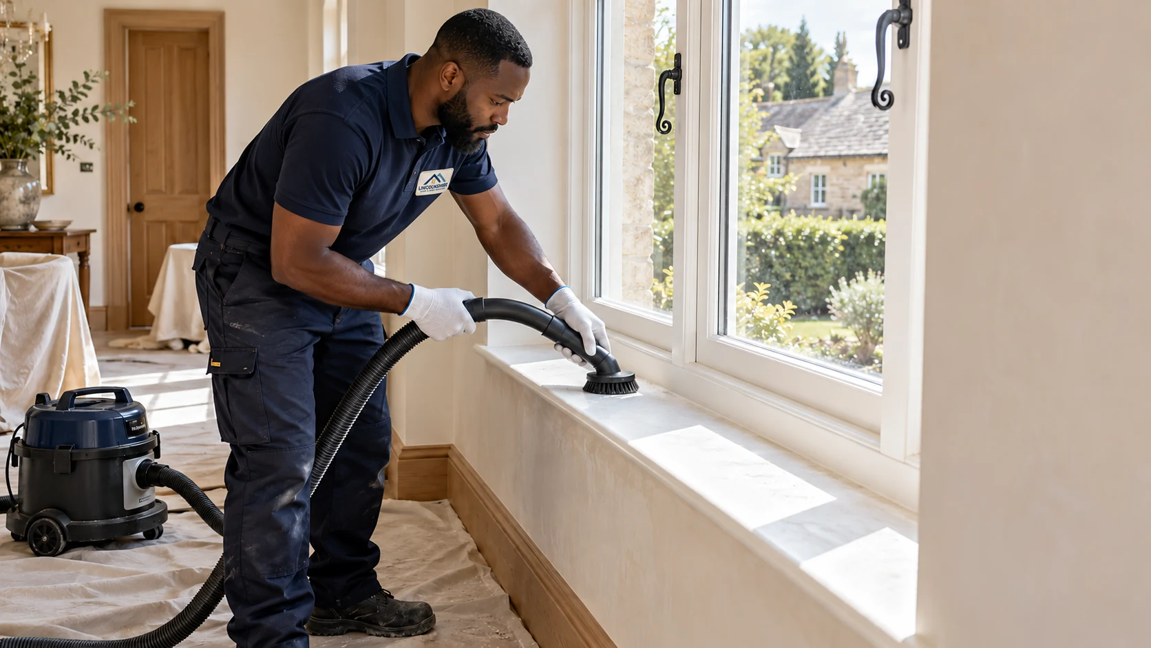 Illustrative professional in branded workwear removing renovation dust from a window sill
