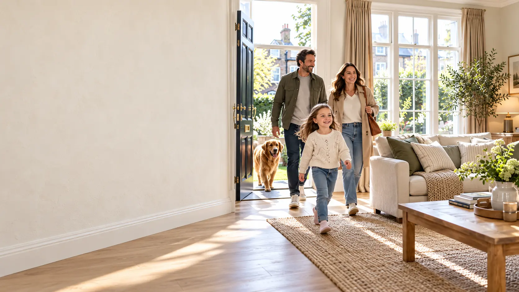 Illustrative family entering a clean home