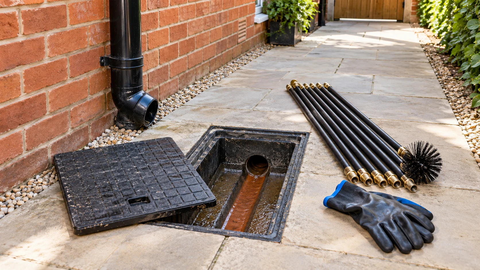 Illustrative accessible drainage inspection chamber with drain rods and gloves beside a brick home