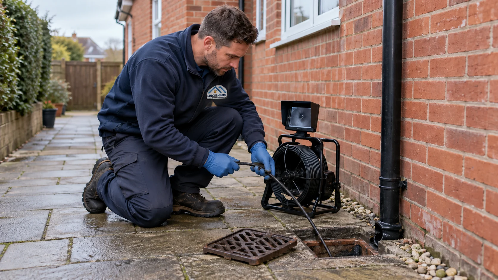 Illustrative gloved drainage technician using a camera reel beside an external ground-level drain