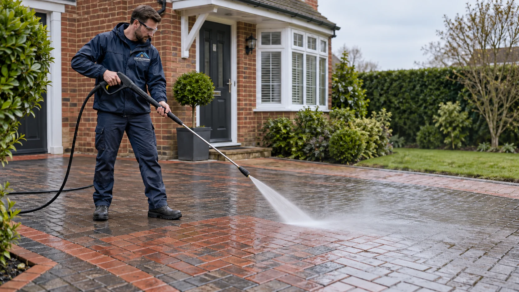 Illustrative worker wearing protective equipment while pressure washing block paving