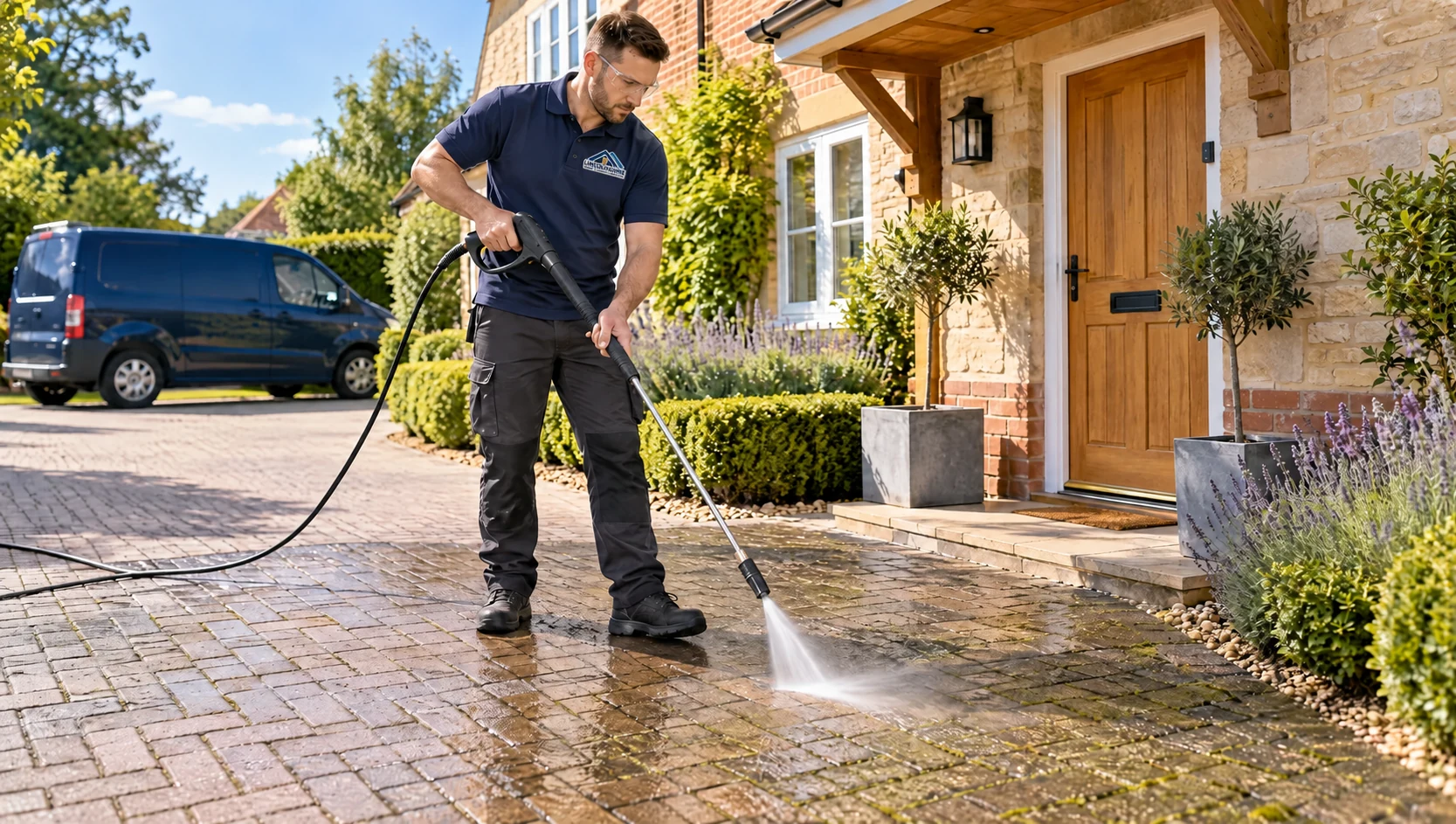 Illustrative professional pressure washing a driveway
