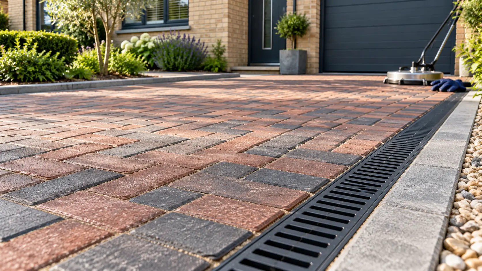 Illustrative clean block paving and a linear drainage channel