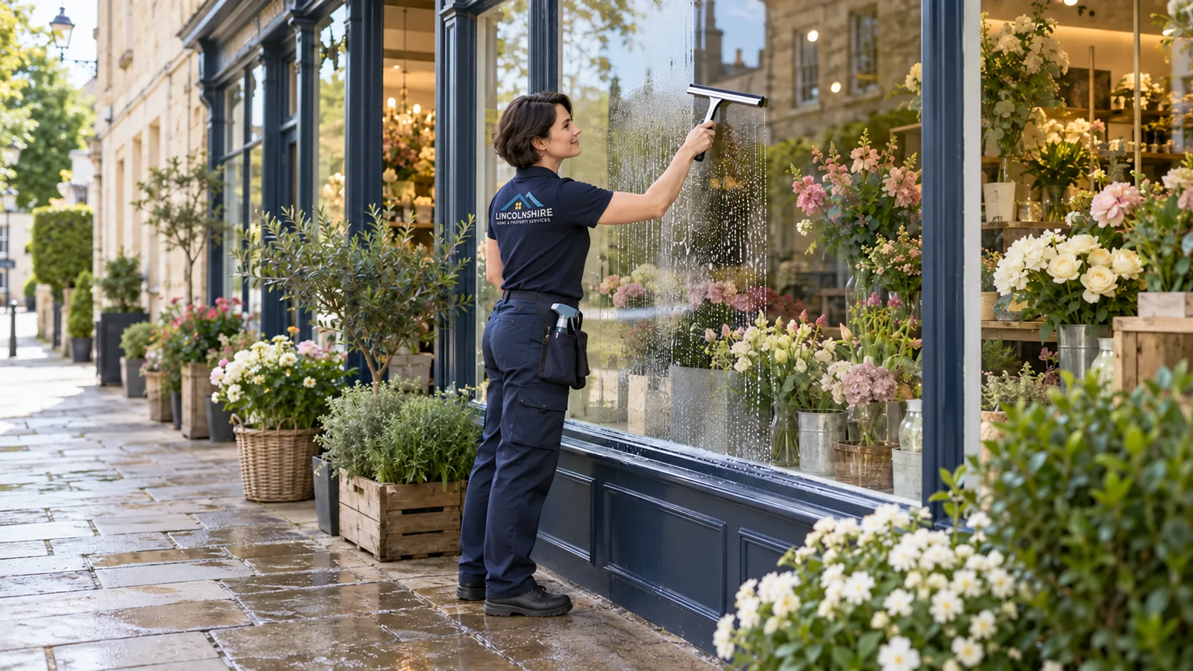 Illustrative professional cleaning a florist’s glass frontage with a squeegee
