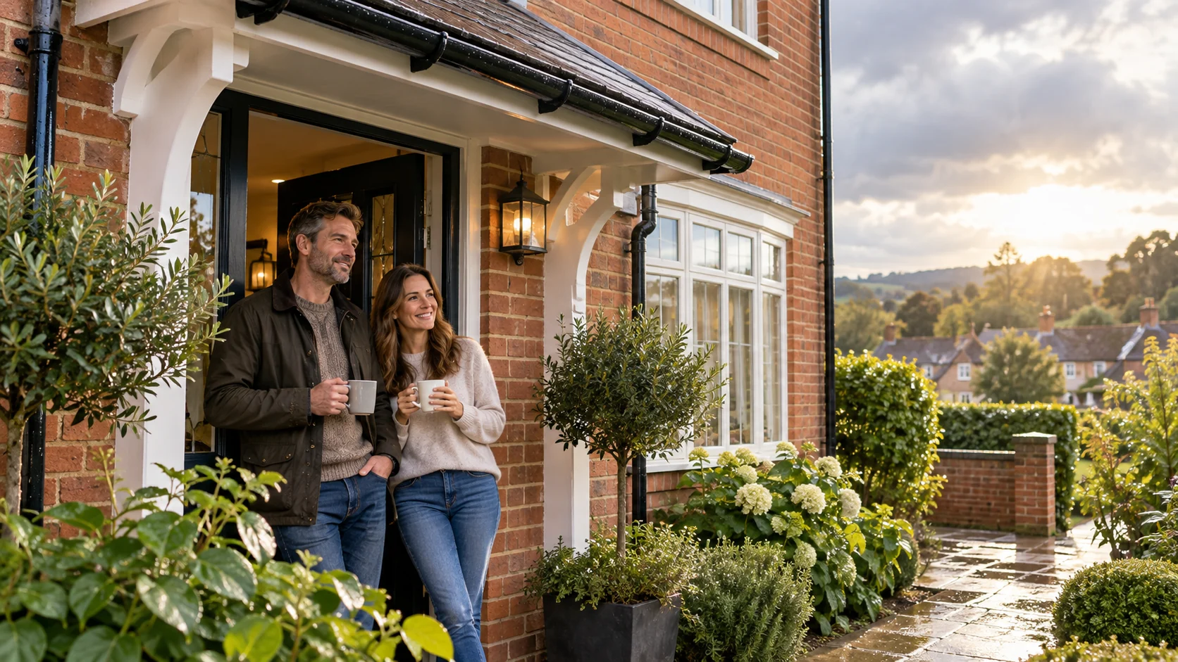 Illustrative couple at the sheltered entrance of a tidy brick home after rain