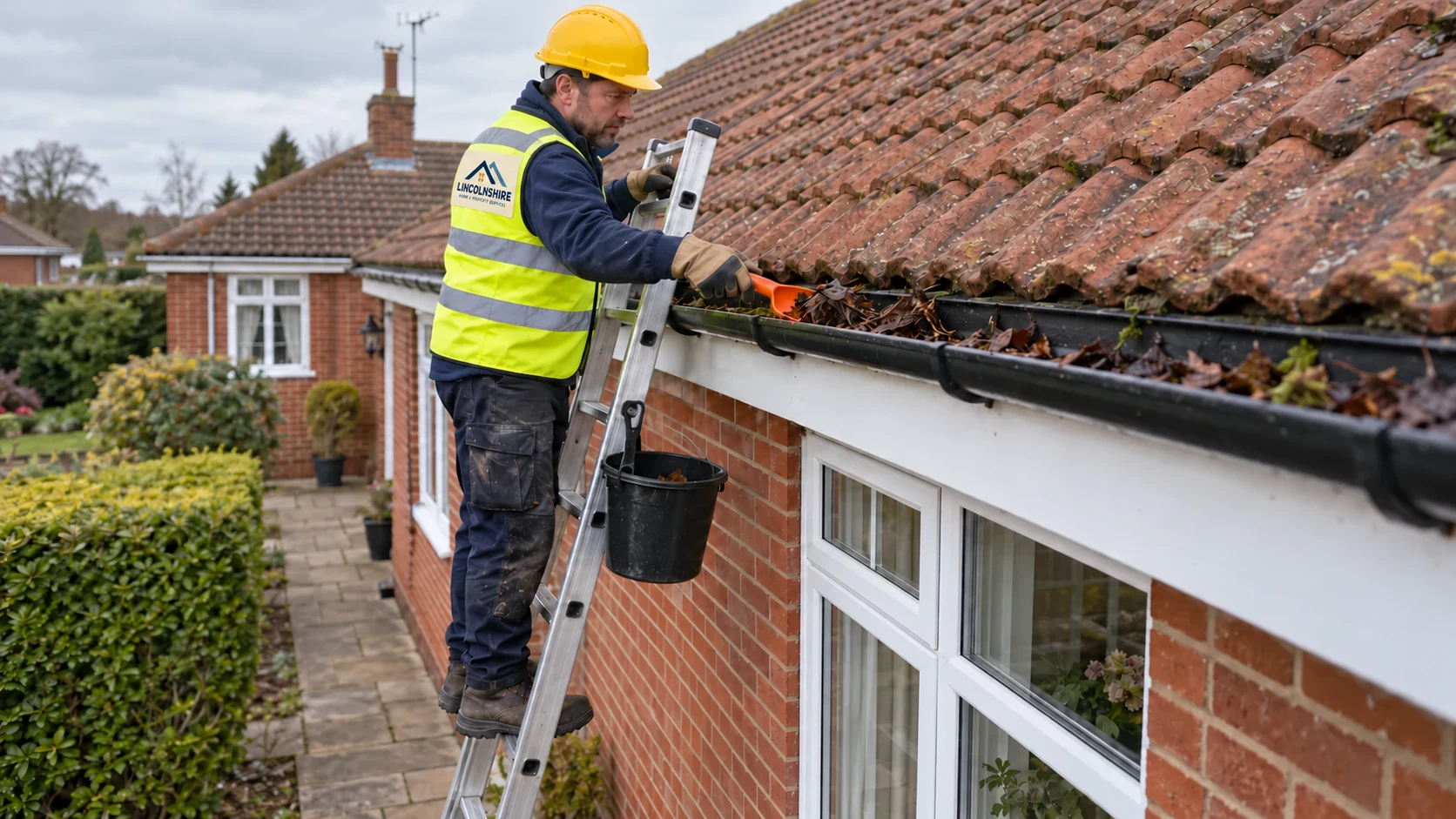 Illustrative professional clearing a gutter