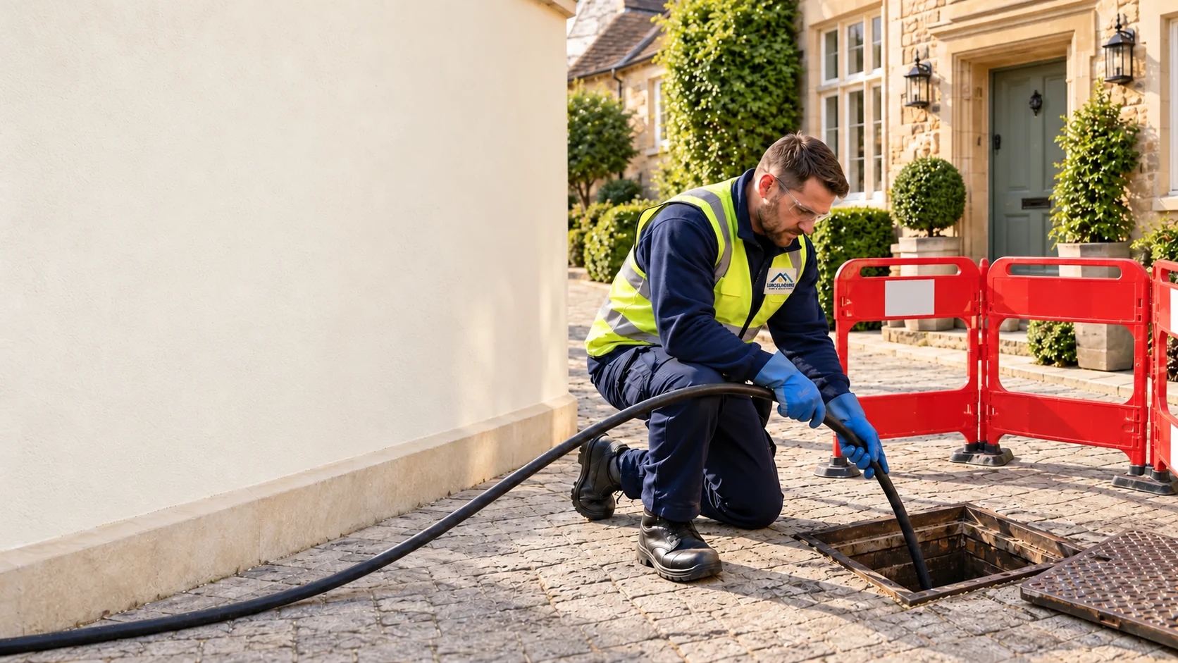 Illustrative drainage professional guiding a jetting hose
