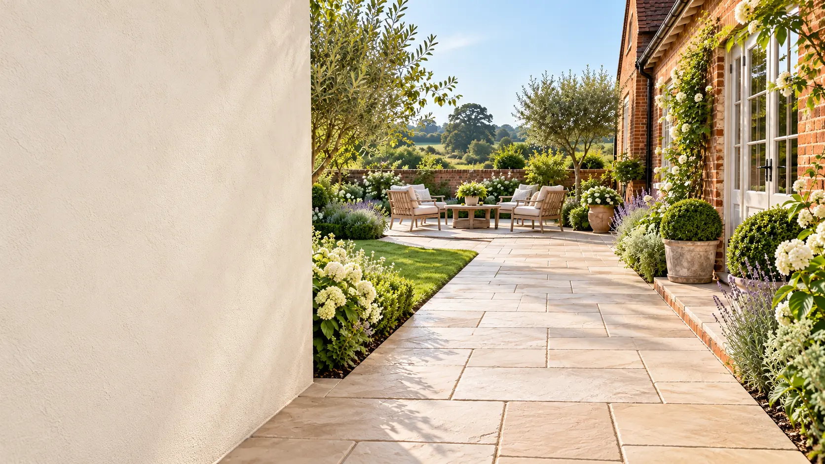 Illustrative clean patio and garden seating