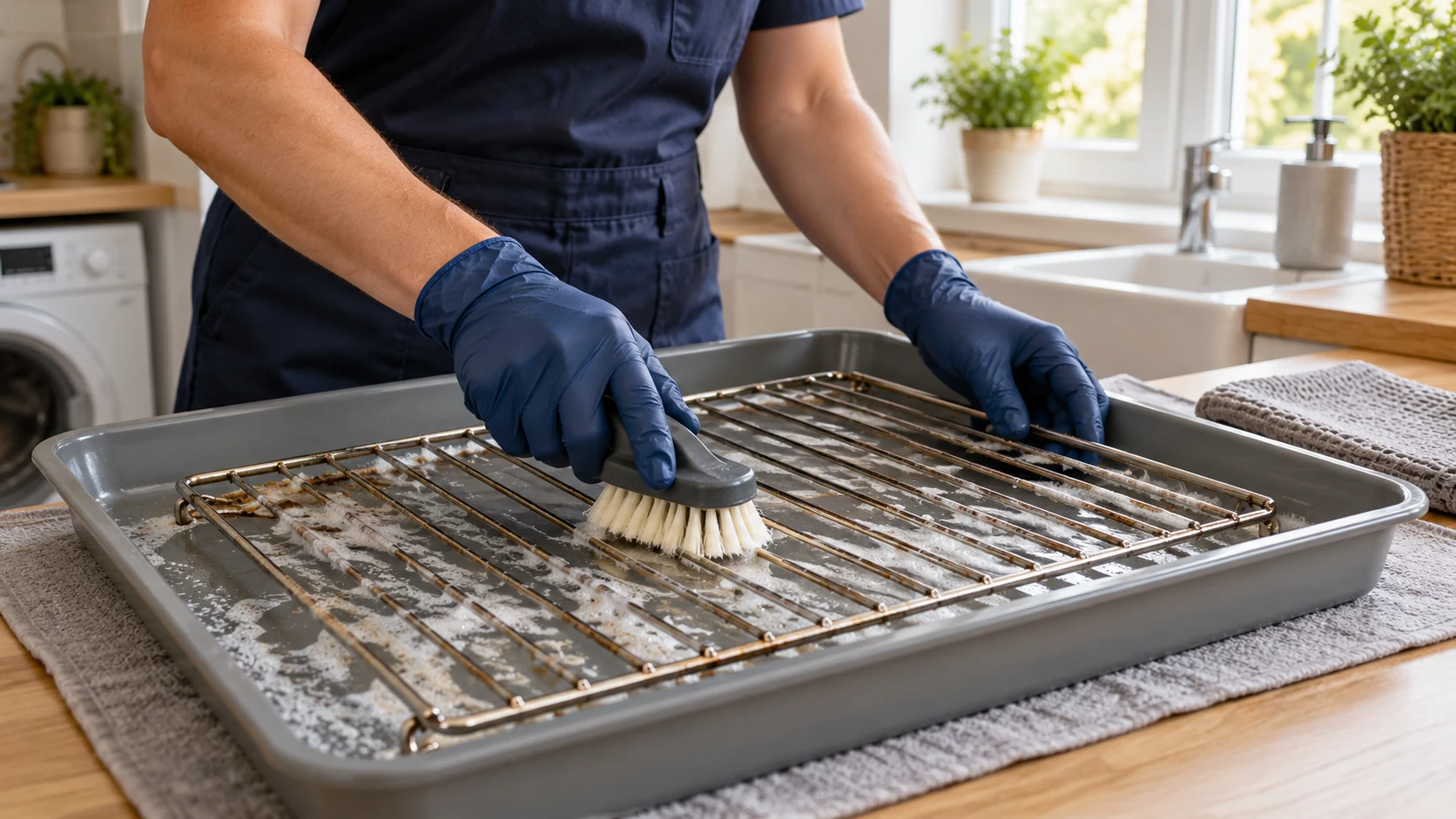 Illustrative gloved cleaner working on oven racks in a protective tray