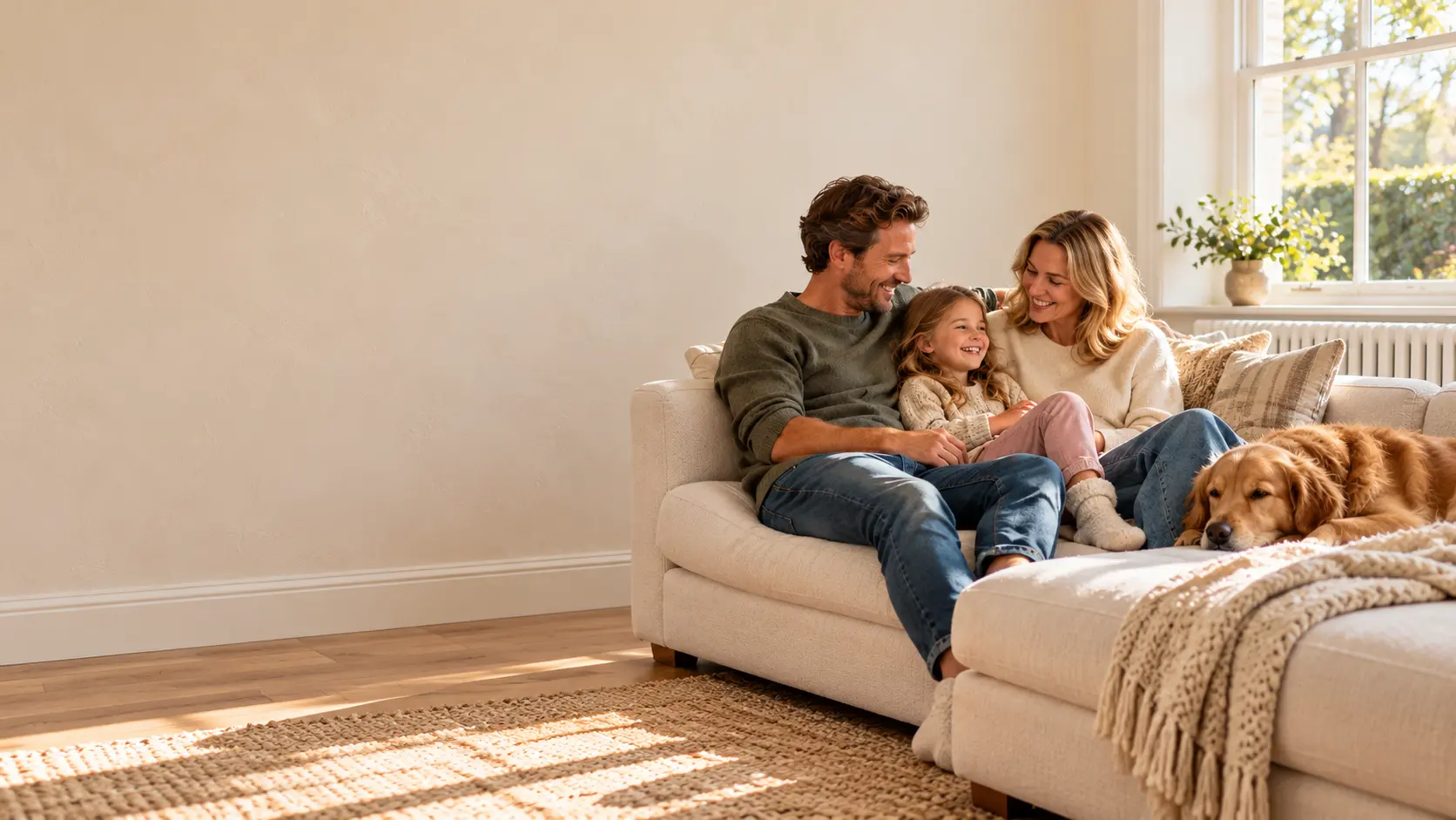 Illustrative family relaxing beside a radiator
