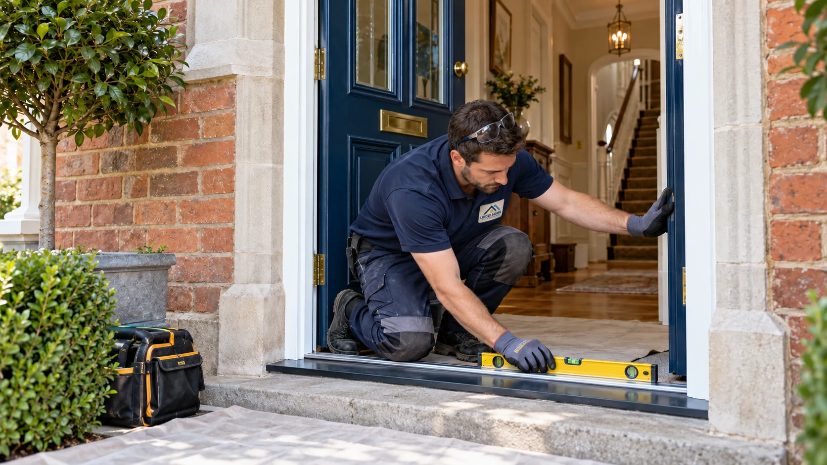 Illustrative installer checking the level of a fitted front-door threshold