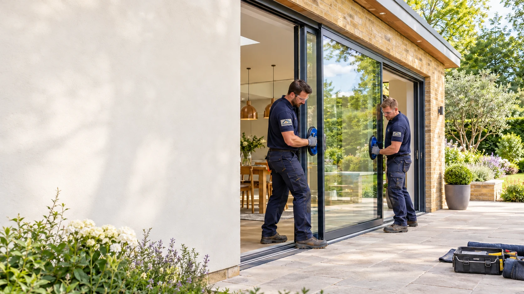 Illustrative installers fitting an aluminium patio-door panel in a garden extension